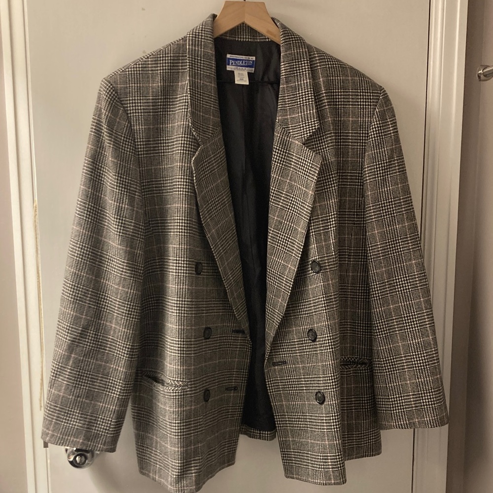 VTG Pendleton 100% Virgin Wool Windowpane Glenn Plaid Blazer Double Breasted 20W - Picture 2 of 11